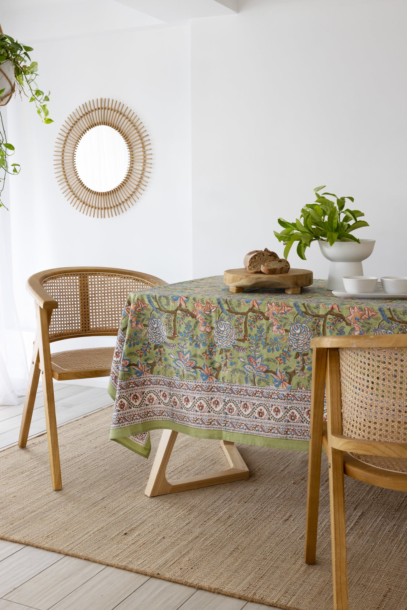 Corsica Green Floral Block Print Tablecloth