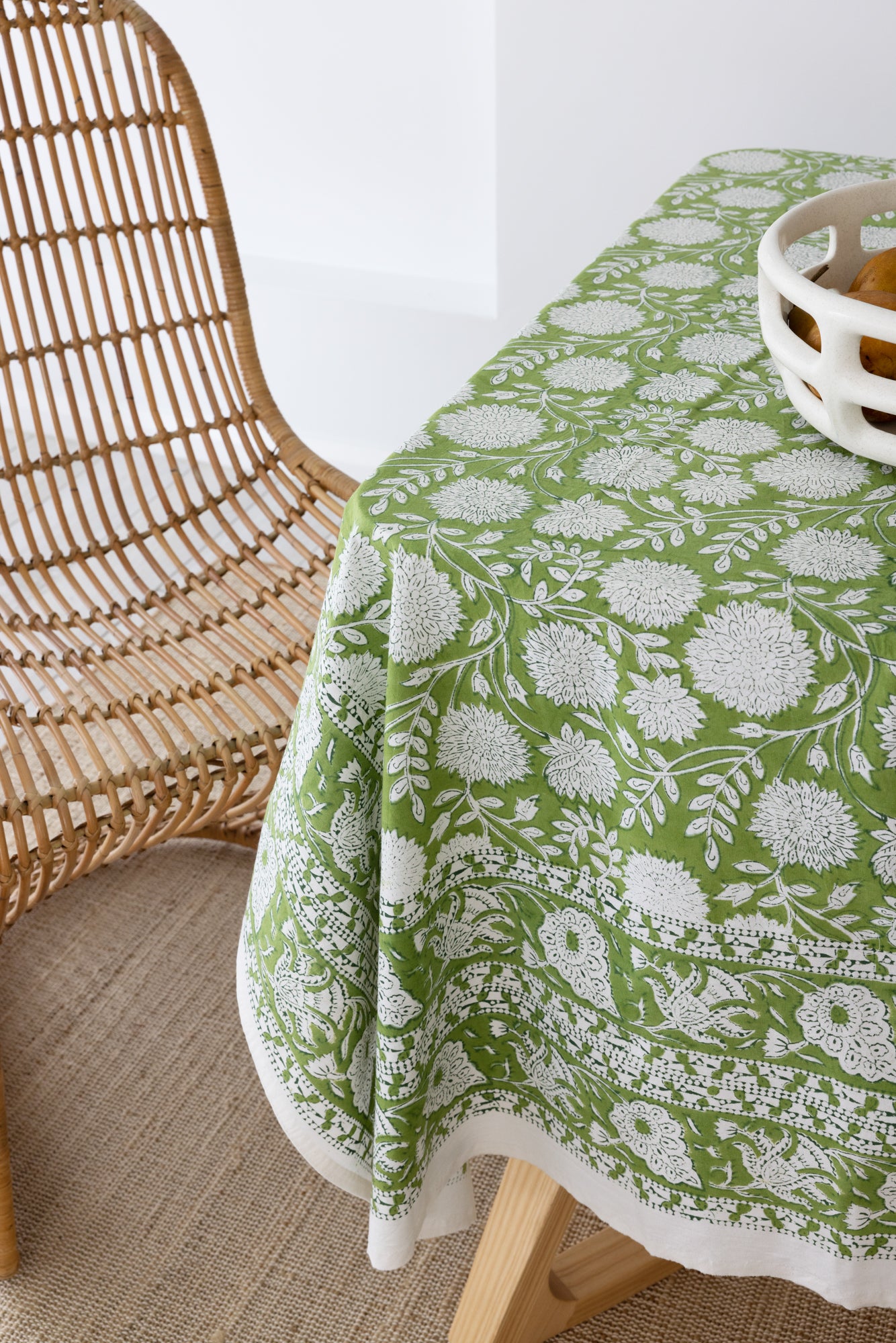 Pasadena Green Floral Block Print Tablecloth