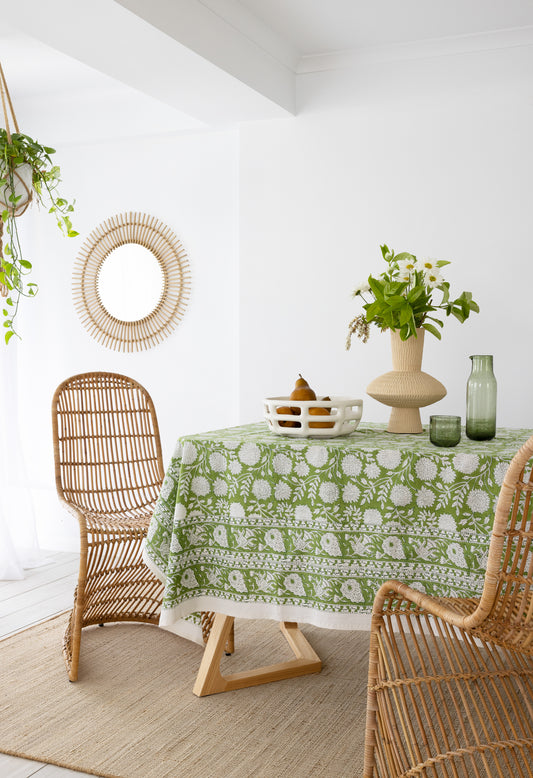 Pasadena Green Floral Block Print Tablecloth