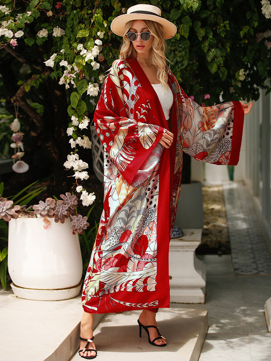 Red Satin Chinoiserie Duster Coat
