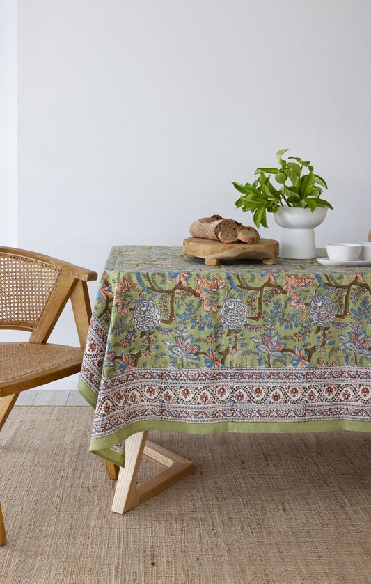 Corsica Green Floral Block Print Tablecloth