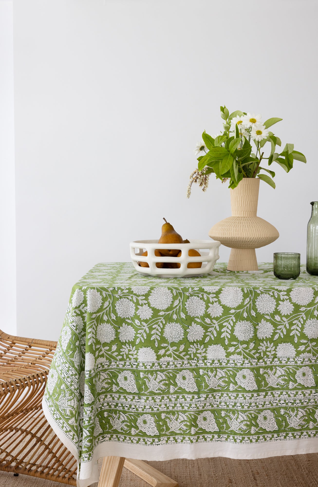 Pasadena Green Floral Block Print Tablecloth